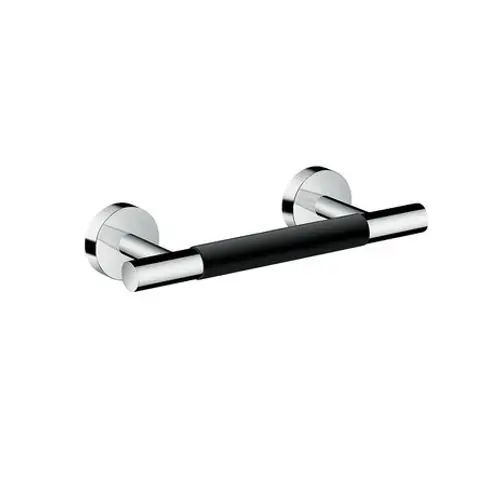 Halterung mit zwei runden Wänden aus Chrom und einer schwarzen Griffoberfläche. Hansgrohe Design, geeignet für Badezimmeranwendungen.